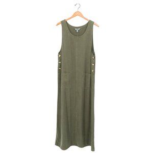 Amy K Su AKS Tencel Pinafore Jumper Maxi Buttoned Pockets Olive Green Dress L